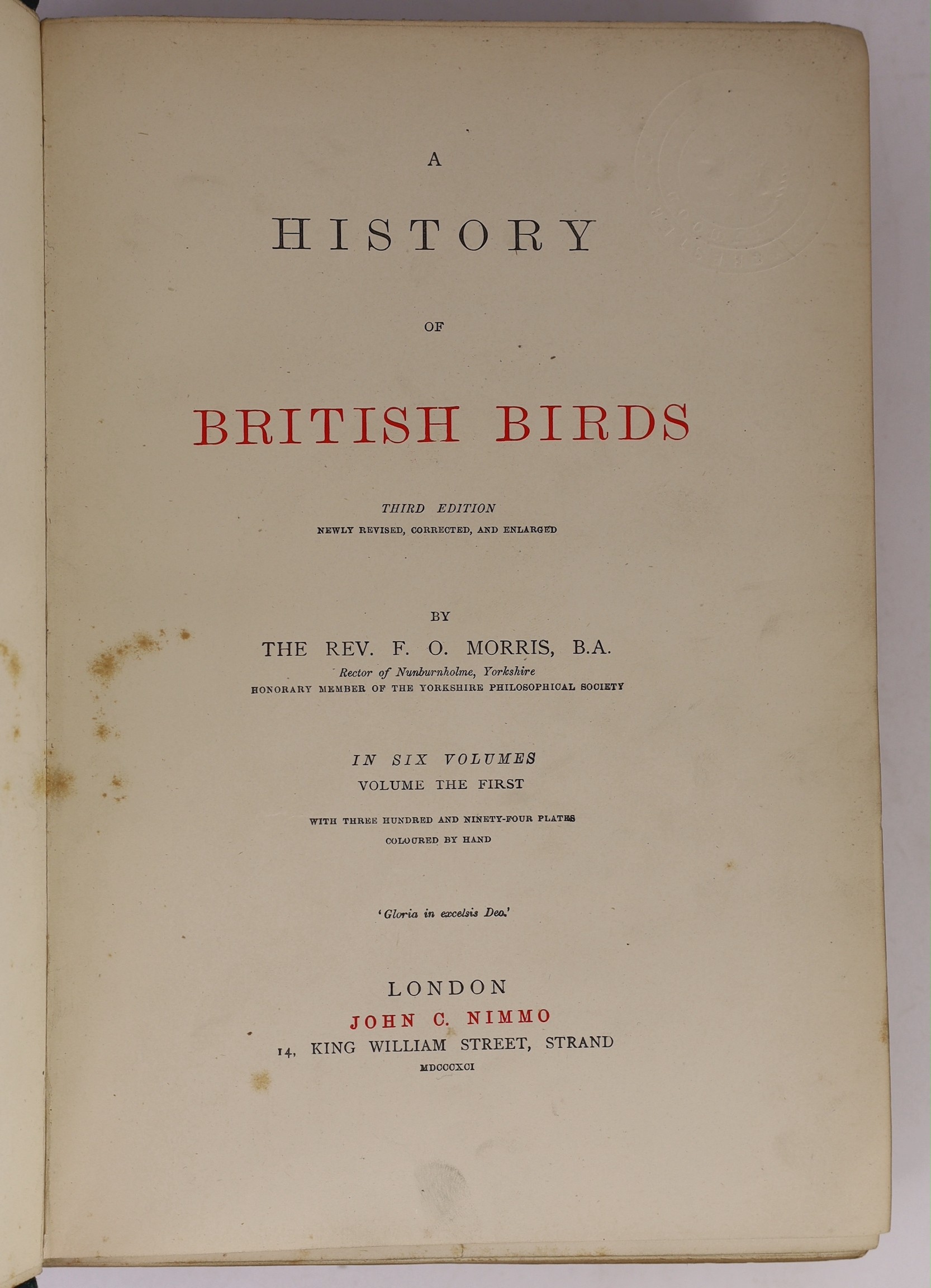 Morris, Francis Orpen - A History of British Birds, 3rd edition, 6 vols, 8vo original cloth pictorial gilt, with 394 hand-coloured plates, spines bumped, John C. Nimmo, London, 1891